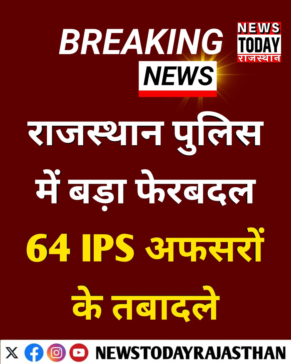 NewsTodayRajas's tweet image. प्रदेश के पुलिस बेड़े में बड़ा फेरबदल...
64 IPS अफसरों के तबादले...
22 जिलों के एसपी बदले...
कार्मिक विभाग ने जारी किए आदेश। 
#RajasthanPolice #IPStransfer #PoliceTransfer #RajasthanNews #BreakingNews