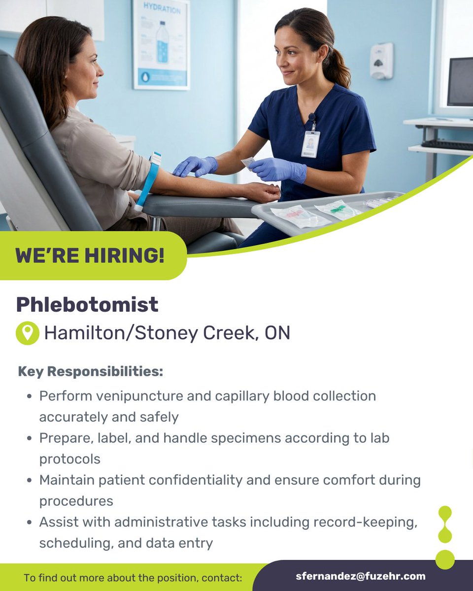 FuzeHR's tweet photo. We’re Recruiting! Phlebotomist - Lab Clinic Support in Stoney Creek &amp; Hamilton, ON

Click here to learn more https://t.co/W7NiOUEnet

#Phlebotomy #HealthcareJobs #LabSupport #HamiltonJobs #FuzeHR #ClinicalSupport #StoneyCreek #Burlington #Ontario #Canada https://t.co/2Pjl0E67RD