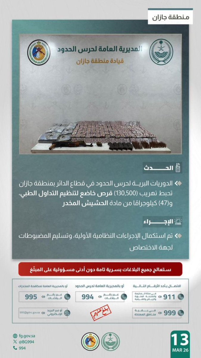 إحباط تهريب 130,500 قرص طبي و47 كيلوجرام حشيش في السعودية