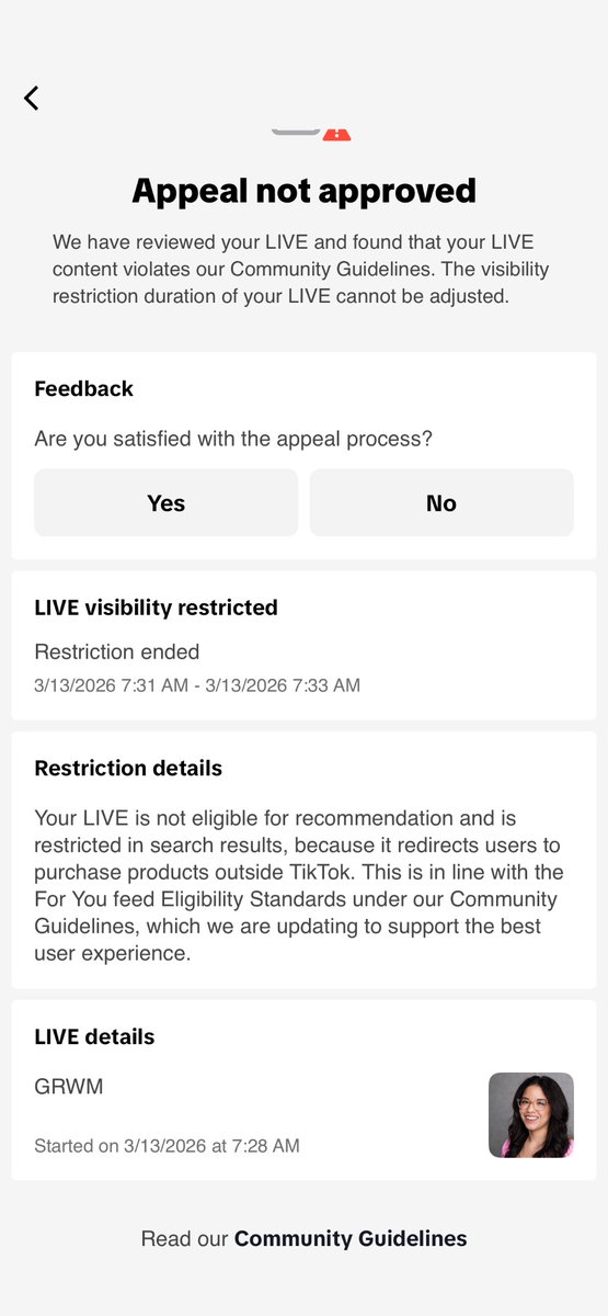 karinareyl's tweet photo. @tiktok_us why am I getting restricted when I’m not mentioning products or sending anyone to any links https://t.co/hxoB04KnEy