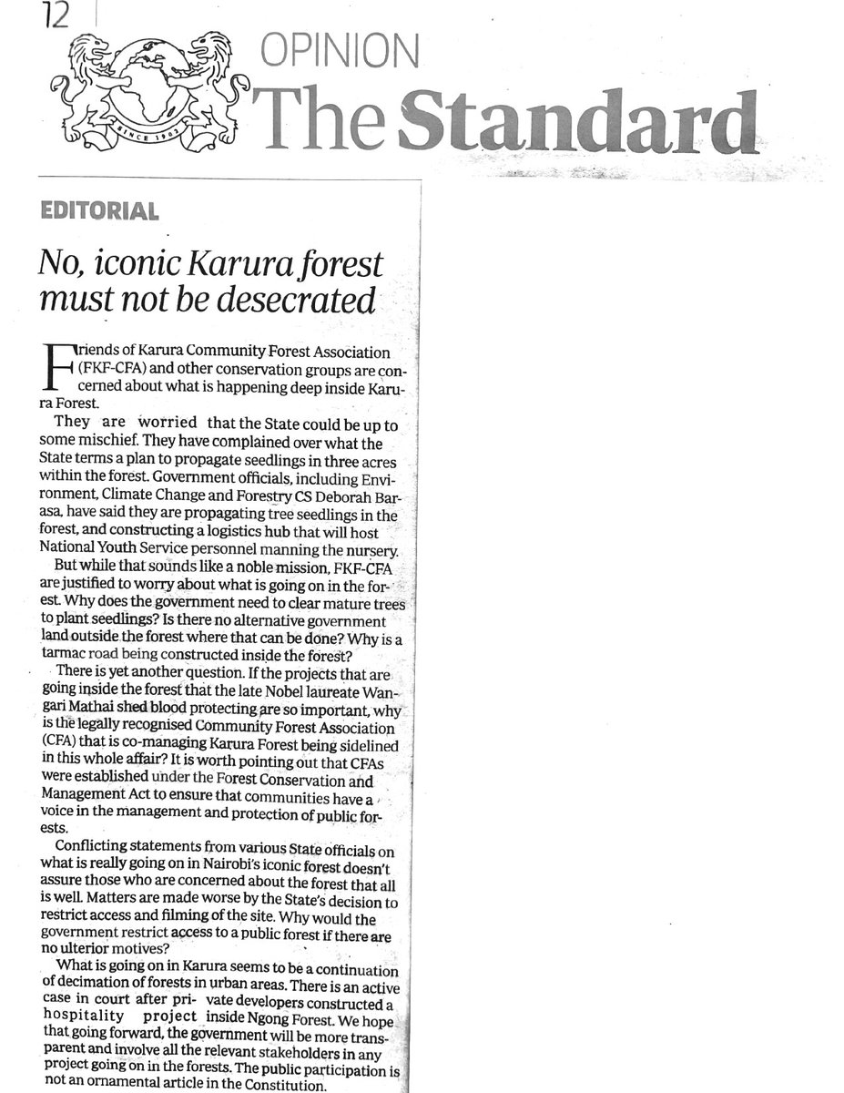 Thank you to <a href="/StandardKenya/">The Standard Digital</a> for stating “Iconic Karura forest must not be desecrated”. They're also asking why Friends of Karura - the legally recognised community forest association and co-manager of the forest - is being sidelined and call for public participation. We couldn’t