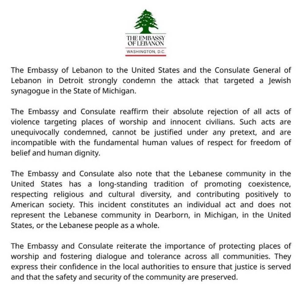 HenMazzig's tweet photo. The Lebanese Embassy was completely capable of acknowledging the Jewish people and the pain we were caused by the attack on our synagogue.

No excuses, just condemnation of the shooter.

But it was somehow impossible for the Mayor of Dearborn to do the same? Yeah, right. https://t.co/Qpd0EhUqdA