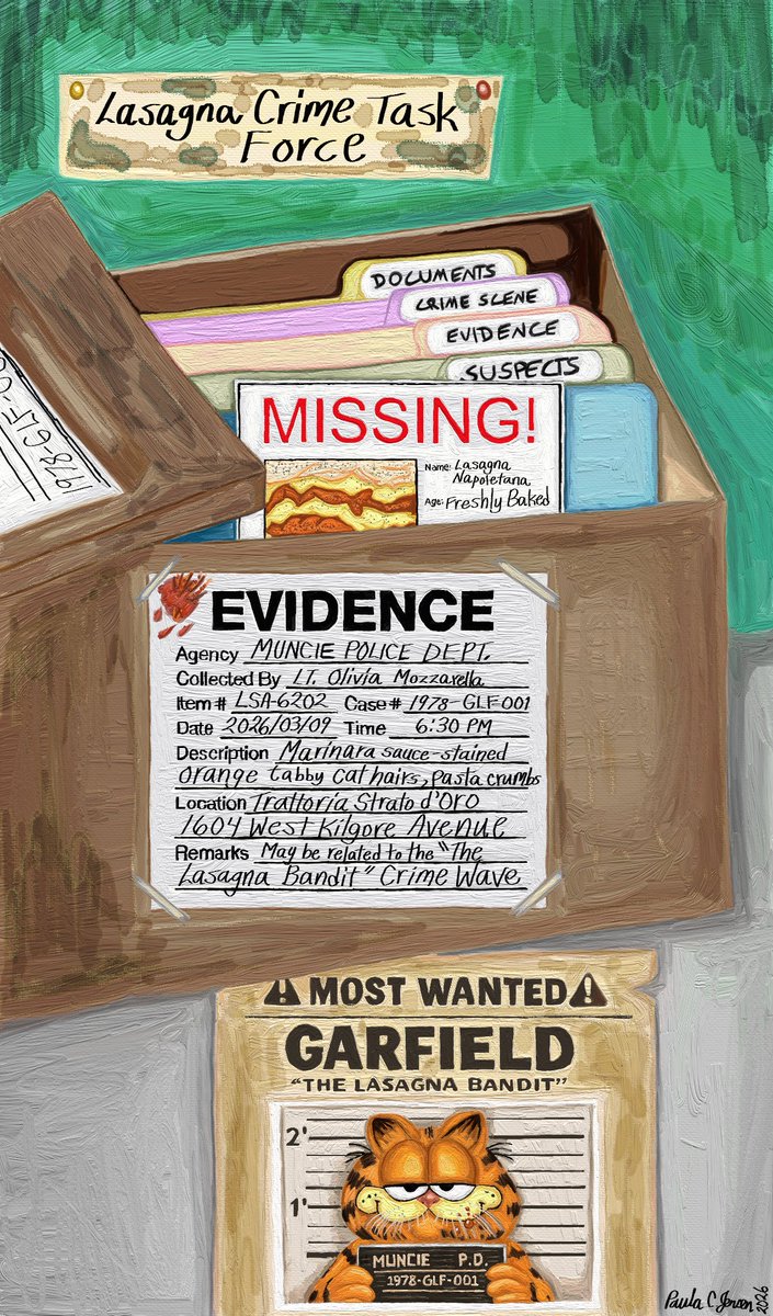 Paulajensen781's tweet photo. My entry in PenUp's Let's Draw Box Drawing Challenge March 2026: The Lasagna Bandit Files, Paula C. Jensen, 2026. #PenUp #LetsDrawBox_2026 #Drawing_Challenge #PaulaCJensen_2026 #2Ddigitalart #File_Box #Files #Records #Fan_Art #PollywogDesigns_2026 #ArtRage https://t.co/61haS7XtWA