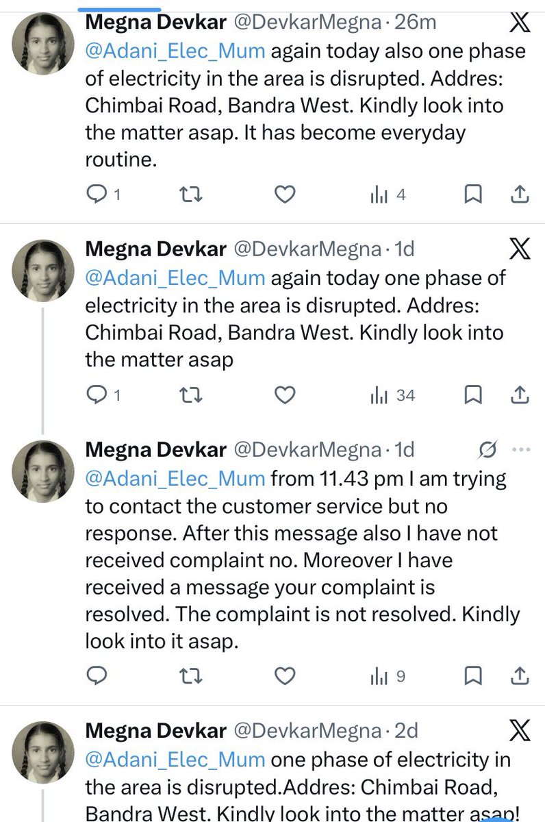 DevkarMegna's tweet photo. @MSEDCL everyday @Adani_Elec_Mum  repeatedly disrupts the single-phase electricity supply at Chimbai Road, Bandra (W). Technicians only change the circuit temporarily and the reason given is incorrect. Kindly take strict action and also treat this as a formal complaint. https://t.co/qP0TOHiziU