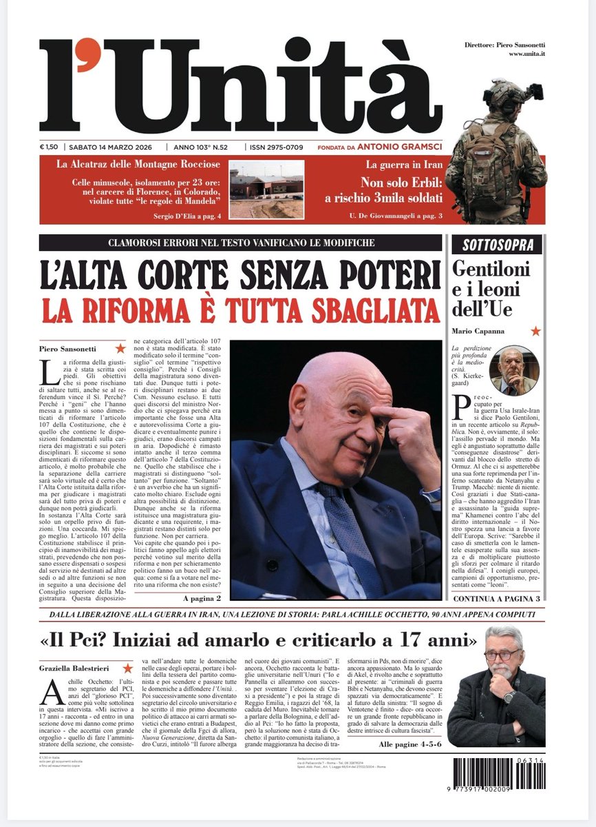 unitaonline's tweet image. 📰 La prima pagina dell’#Unità del #14marzo

Abbonati subito: bit.ly/ABBONATI-SUBITO