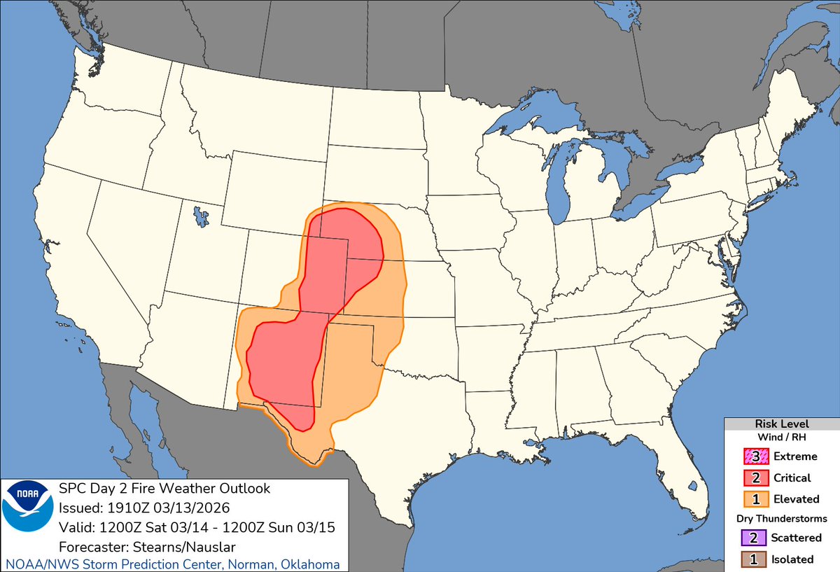 NWSSPC's tweet image. 2:12pm CDT #SPC Day2 #FireWX Critical: much of new mexico, eastern colorado, portions of western nebraska, western kansas, and west texas spc.noaa.gov/products/fire_…