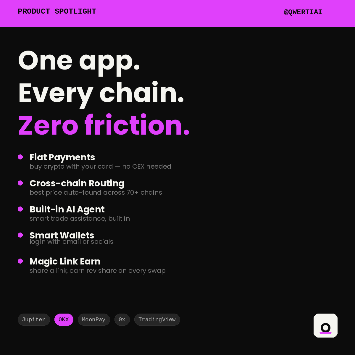 Most DeFi apps make you:

☐ set up a wallet
☐ fund it with ETH for gas
☐ figure out bridges
☐ get rugged on bad routes

<a href="/QwertiAI/">Qwerti</a> flips the script:

✅ login with email/socials
✅ buy with a card (MoonPay)
✅ AI finds best swap route
✅ 70+ chains, 60M+ tokens
✅ earn rev