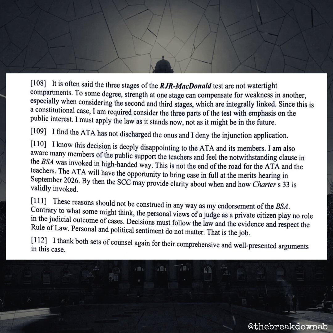From the ruling on the denied teachers injunction today…

The judge found that teachers have a valid issue for trial and that Smith and the UCP HAVE harmed teachers. 

And also pushed back against the UCP narrative that judges are biased.

#abpoli #ableg #cdnpoli