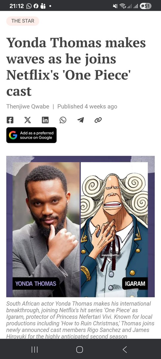 Its_Whateverbr's tweet photo. South Africa keeps showing up on the global stage 🇿🇦🔥
Big props to Yonda Thomas for joining the cast of Netflix’s One Piece as Igaram. From local screens to one of the biggest shows in the world, we see you!
#ProudlySouthAfrican #ONEPIECE #NETFLIX https://t.co/ZNpeTYq15i
