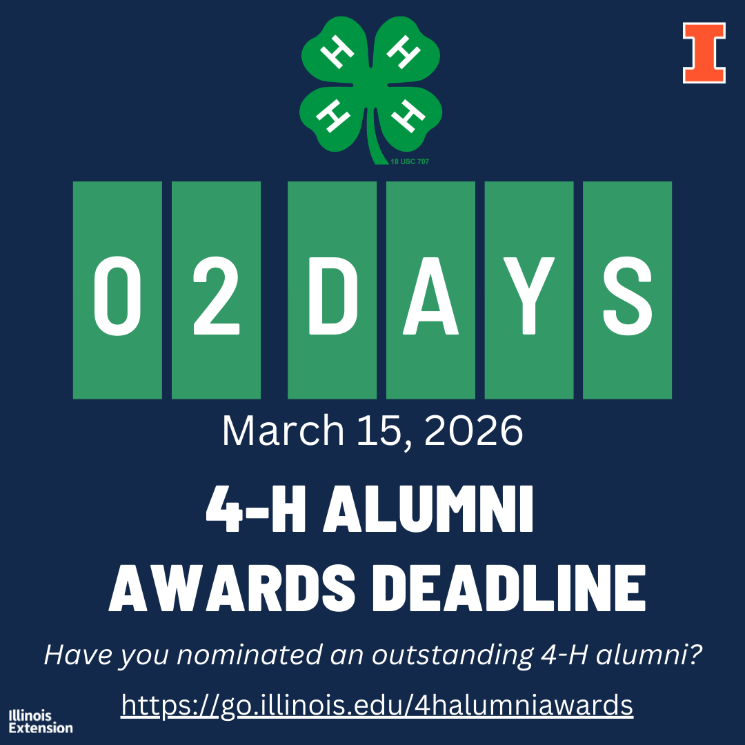 IL4halumni's tweet photo. 2 Days left to nominate an oustanding 4-H Alumni! Nominations due March 15. 
https://t.co/2TlFJM5kZi https://t.co/oHRAbhBpQO