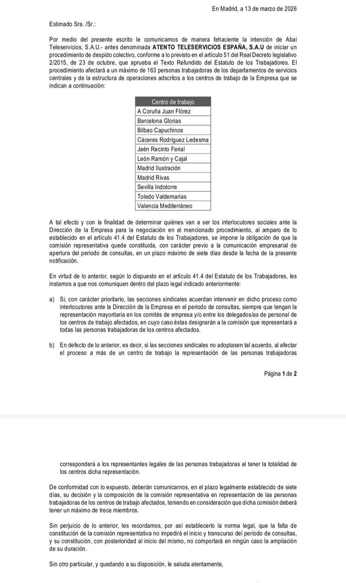 UGT_CCenter's tweet image. 🚨ALERTA EN CONTACT CENTER 

Duro golpe para el Sector de #contactcenter con esta nueva comunicación de #despidocolectivo en este caso es la empresa #ABAI quien pretende destruir 163 puestos de trabajo.

✊️ Defendamos con más fuerza si cabe nuestros puestos de trabajo.