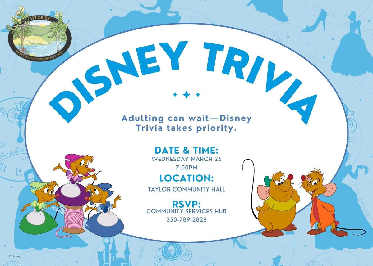 DistrictTaylor's tweet photo. Disney Trivia Night is calling!

📷 Wednesday, March 25
📷 7:00 PM
📷 Taylor Community Hall
📷 Cost: FREE

Whether you’re a classics connoisseur or a Pixar pro, this night is for you! 

RSVP: Community Services Hub at 250-789-2828 https://t.co/f9gXOOwirU