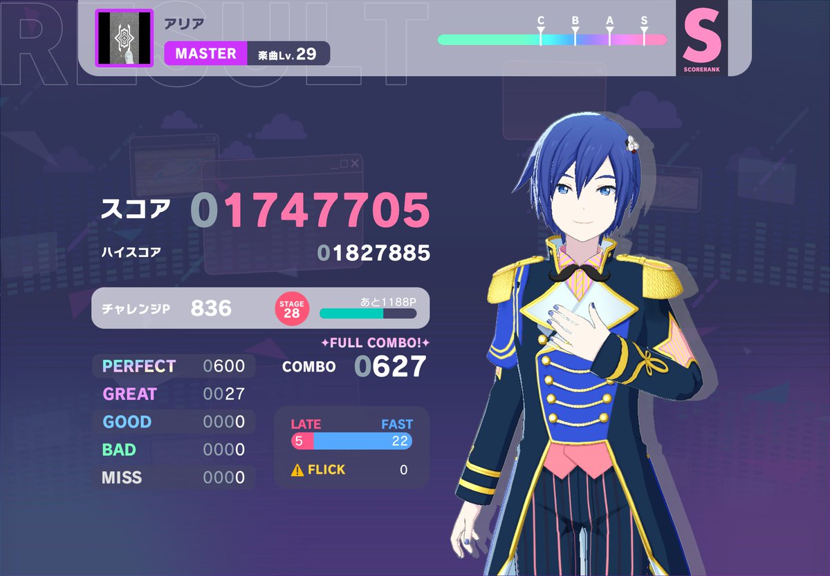 アリア をFC🙂 375曲目。
Lv29やや易しめ。視認性難で初見11ミス。前半はLN中にスライドタップが左から右にずれてきて持ち替えタイミングが難しい(全押し対処推奨)。その後の極細4連も全押しでOKだがその後は通常タップ注意。中盤以降はLN中に別のLN始点が来て、フリック混じりになる。覚えゲー😑