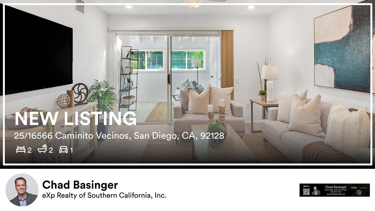 ChadBasinger's tweet photo. 🛌 2 🛀 2 🚘 1
📍 25/16566 Caminito Vecinos, San Diego, CA, 92128

My latest listing on RateMyAgent.
CA DRE REALTOR 01817600
https://t.co/BoPRUpu78l

...
#ratemyagent #realestate #eXp_Realty_of_Southern_California_Inc #forsaleinsandiego #chadbasingerrealtor https://t.co/UJfyKwvbPR