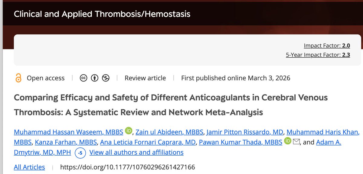 theneurolander's tweet photo. DOACs vs VKAs in Cerebral Venous Thrombosis

What Does the Evidence Really Say?

@SageJournals 
https://t.co/YXpN74QOAv

#MustRead #HotTopic #DidYouKnow, #NewsUpdate, #Update https://t.co/jfjZdNCNhC