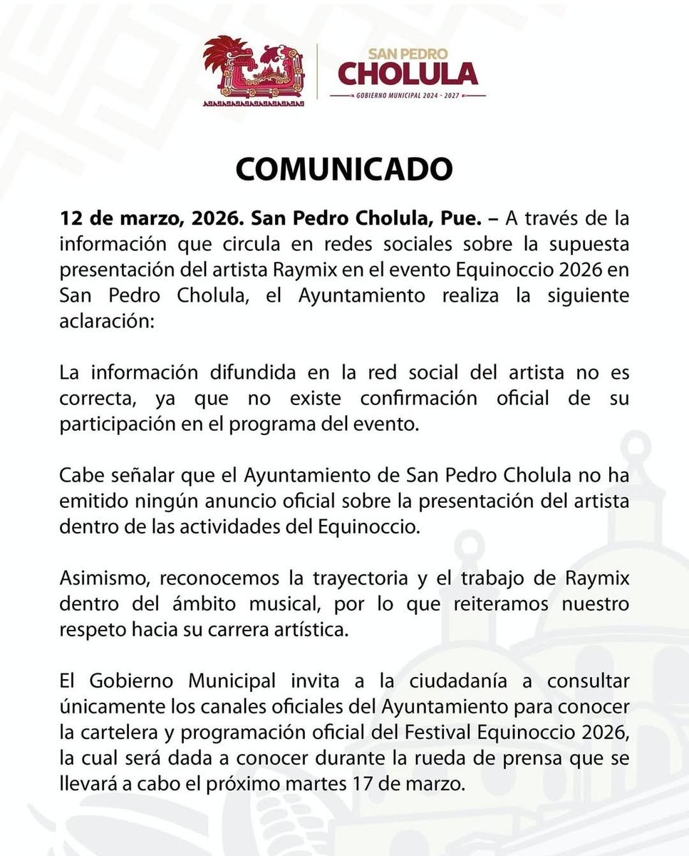 e_MagazinePue's tweet photo. #Viral | ⚠️ CANCELADO. #Raymix no se presentará en el Festival Equinoccio 2026 de #SanPedroCholula.
El cantante denuncia incumplimiento de pagos. El Ayuntamiento encabezado por @TonantzinFdz niega haberlo contratado. https://t.co/kuFByDJ6lR