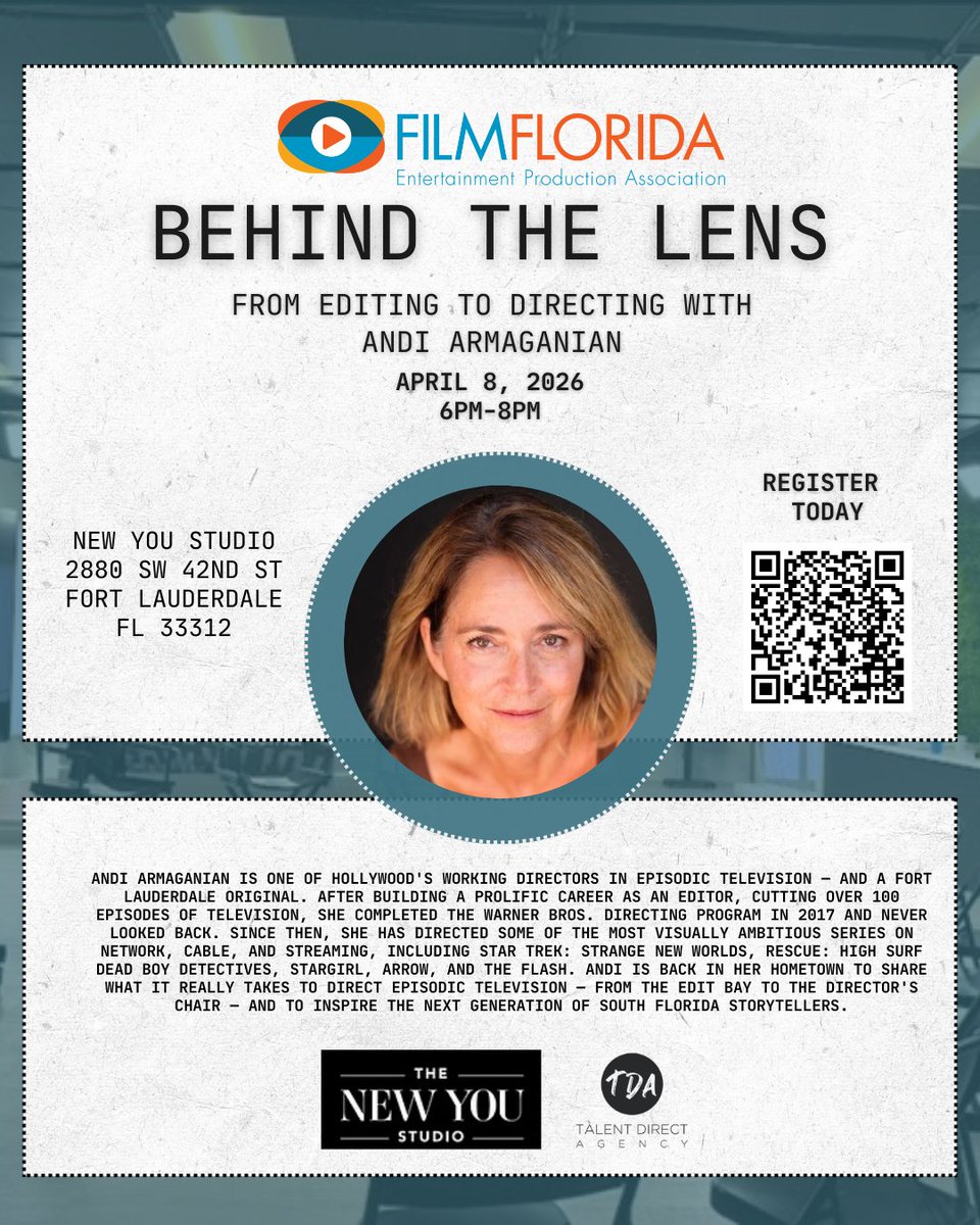TalentDirectFL's tweet photo. Join us at Behind the Lens: From Editing to Directing with Andi Armaganian  Wednesday 4/8 from 6-8pm at The New You Studio in Fort Lauderdale. FREE for Film Florida members, $10 for non-members. Members, email info@FilmFlorida.org for registration code. https://t.co/MseLBWF9Lv