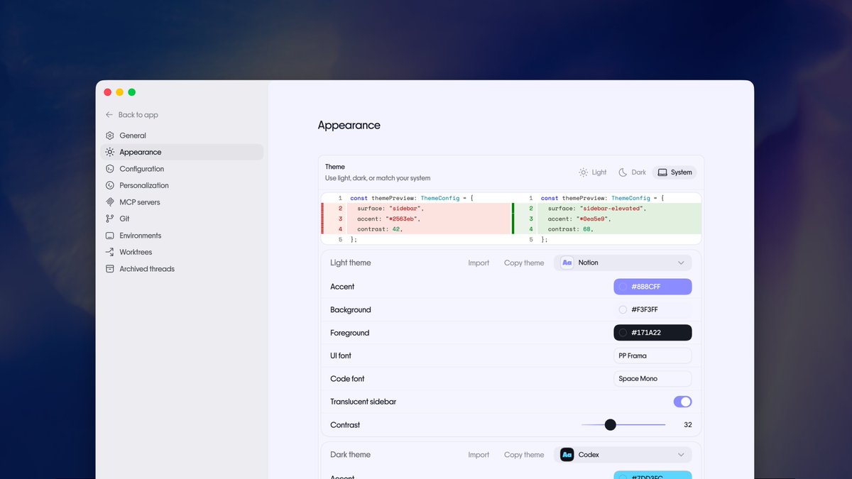 Theme settings screenshot