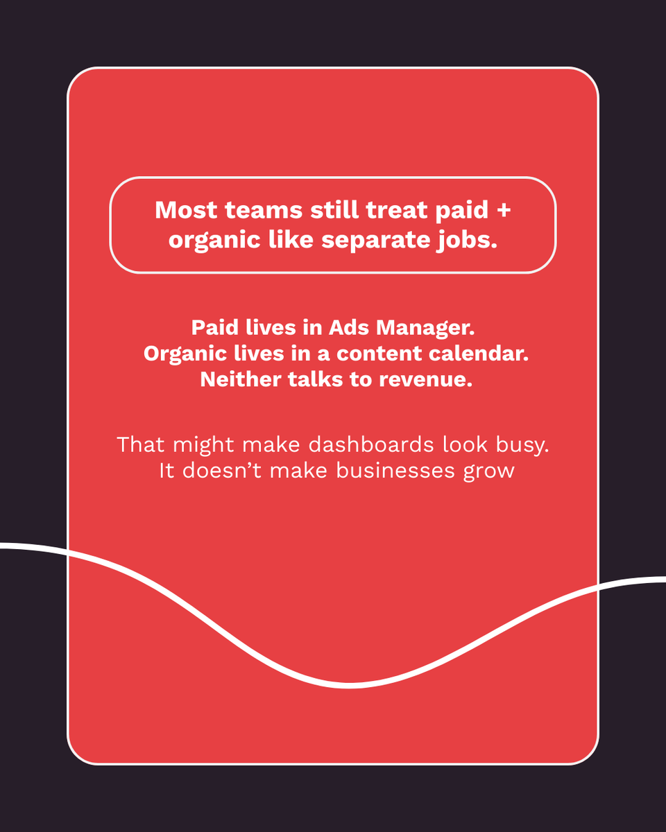 shoelace's tweet photo. Treating organic &amp; paid as silos hurts Meta performance. Organic builds signals that make paid convert better. One strategy, strong concepts, buyer-led messaging, revenue-linked reporting = steadier scaling.

#MetaAds #GrowthMarketing #PerformanceMarketing #PaidMedia https://t.co/AF8Uuv8ctF