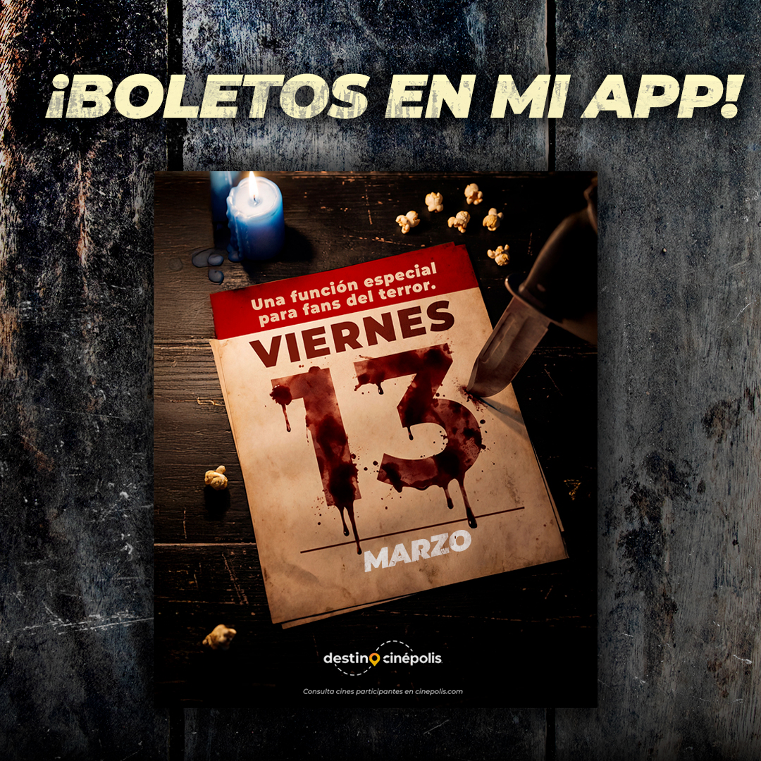 Cinepolis's tweet image. Hoy es #viernes13 y si te consideras un verdadero amante del terror, tienes que ir al cine hoy. 🔪 La película sigue siendo un secreto.  🤫 ¡Ve por tus boletos! 🩸👉 bit.ly/40NZz0x