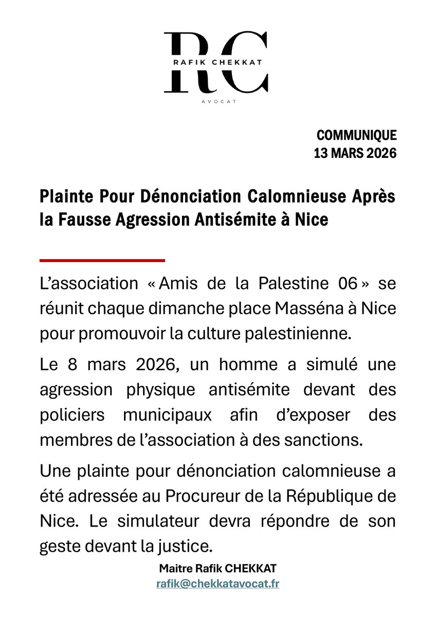 ⚖️ Après la fausse agression antisémite à Nice, une plainte pour « dénonciation calomnieuse » a été adressée au Procureur de la République.

Le simulateur devra répondre de son geste devant la justice.