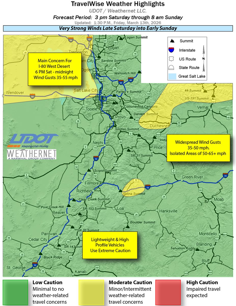 UDOTTRAFFIC's tweet image. Road Weather Alert: Strong winds late Saturday through early Sunday. Main crosswind concerns highlighted on graphic. High profile &amp;amp; lightweight vehicles use extreme caution. For more info, visit: udottraffic.utah.gov/roadweatherale…… #utwx #utwind @UtahTrucking
