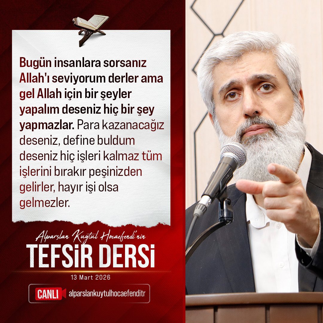 Bugün insanlara sorsanız Allah'ı seviyorum derler ama gel Allah için bir şeyler yapalım deseniz hiç bir şey yapmazlar. Para kazanacağız deseniz, define buldum deseniz hiç işleri kalmaz tüm işlerini bırakır peşinizden gelirler, hayır işi olsa gelmezler.

KıyametSuresi TefsirDersi