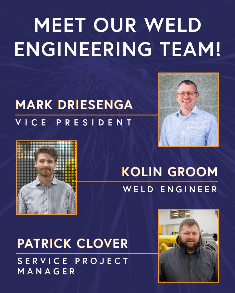 onamissionMDA's tweet image. Meet the Mission Weld Engineering Team! Vice President Mark Driesenga, Weld Engineer Kolin Groom, and Service Project Manager Patrick Clover are our in-house weld automation experts that help bring your joining automation projects to life. 

#Welding #WeldMachine
