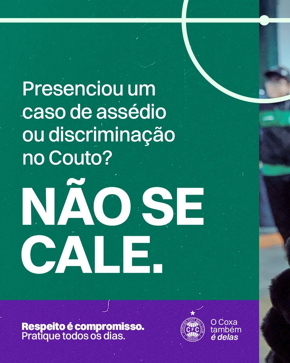 Coritiba's tweet photo. No Couto, respeito é regra.

Se você presenciar 𝐪𝐮𝐚𝐥𝐪𝐮𝐞𝐫 situação de 𝐚𝐬𝐬𝐞́𝐝𝐢𝐨 𝐨𝐮 𝐝𝐢𝐬𝐜𝐫𝐢𝐦𝐢𝐧𝐚𝐜̧𝐚̃𝐨, não se cale. Procure uma das acolhedoras com colete roxo, que estarão pelo estádio para atender e orientar torcedores.

Sua voz faz a diferença.
O Coxa também é delas. 💜