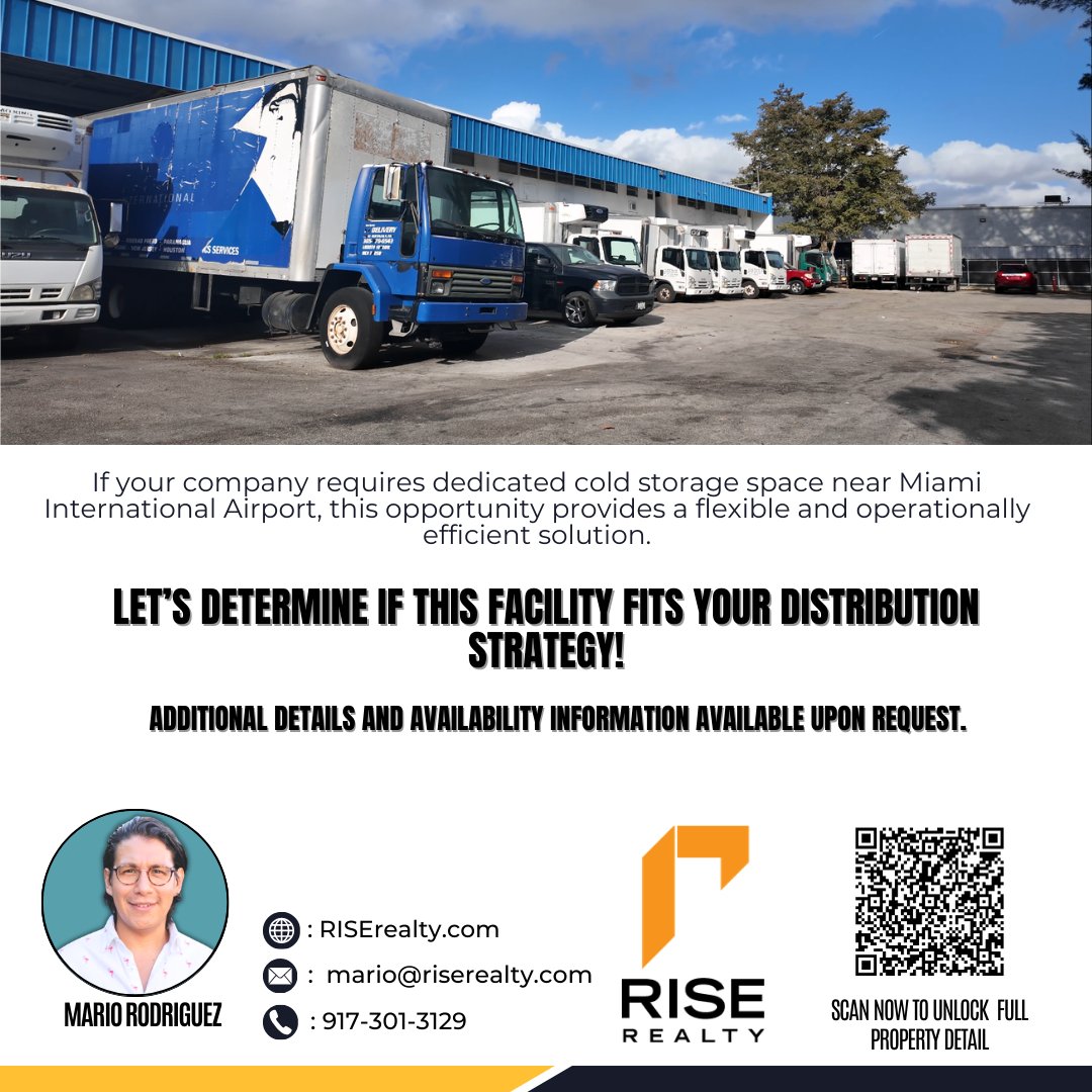 Rise_Realty's tweet photo. ❄️ Cold Storage Opportunity in Doral

±1,000 SF private bays available in Doral’s prime logistics corridor — just 12 minutes from Miami International Airport with quick access to major turnpikes.

📞 305.859.1606
🌐 https://t.co/XBDIiiTMB3
#Doral #ColdStorage #MiamiLogistics https://t.co/muK1ZOuCRw