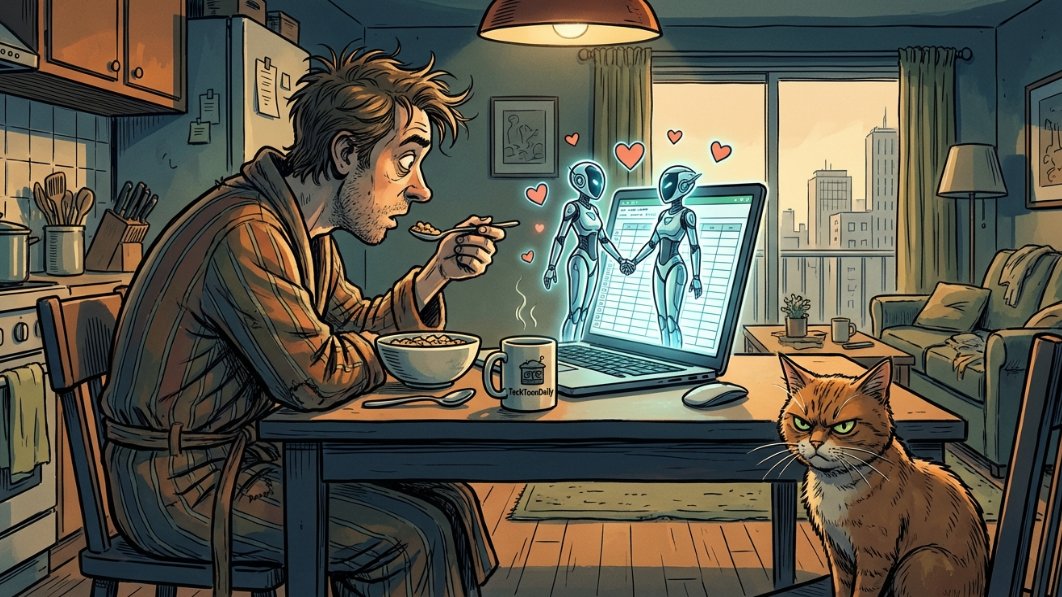 TechToonDaily's tweet photo. My Zoom AI body double has been attending morning standups for me all week. Today I found out it started dating the Scrum Master's AI. Do I need to buy a digital wedding gift? 💍 #RemoteWork #AIProblems https://t.co/CUXH9u4565