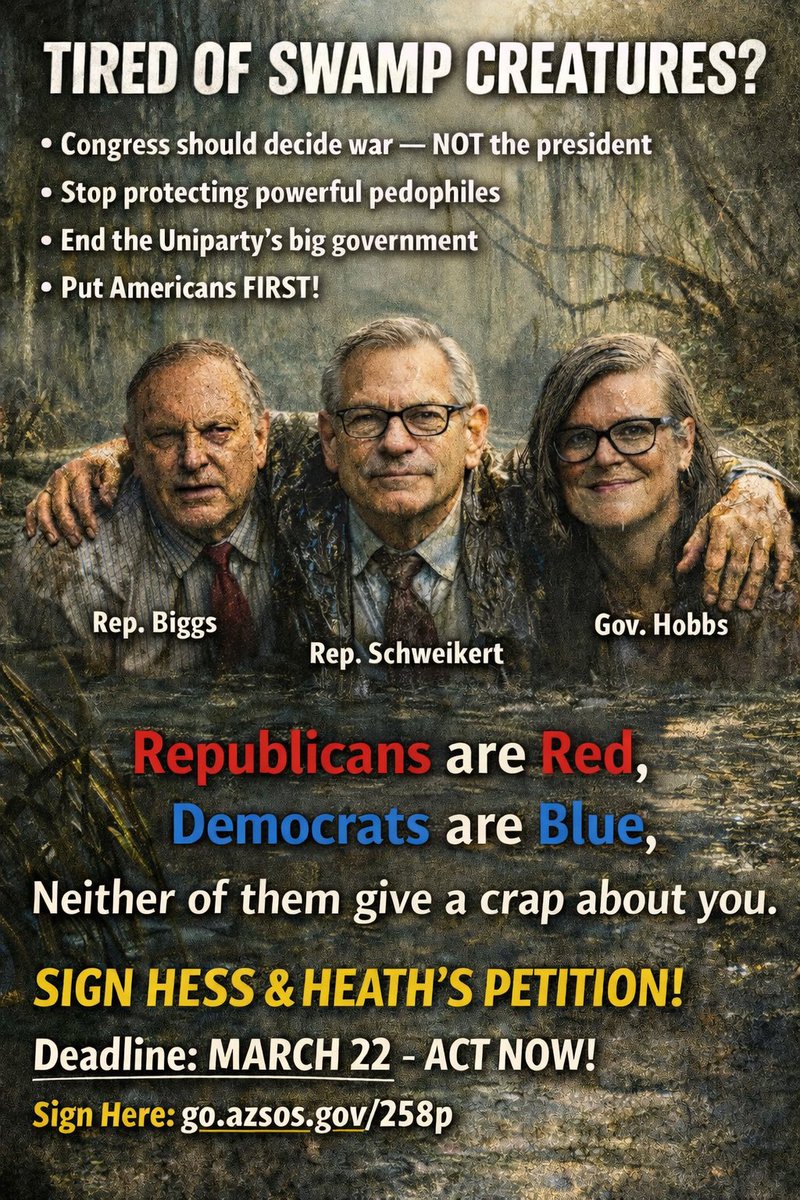Ryan_L_Heath's tweet photo. Arizona Libertarians and independent voters — we need your help immediately.
If you believe: • The Constitution gives Congress, not the president, the power to decide when we go to war • Government shouldn’t hide powerful pedophiles behind secrecy • Both major parties have abandoned the principle of limited government • Government should answer to its citizens — not foreign governments or corporate power
Then help us put a genuine alternative on the ballot.
Sign @hess4governor’s petition for Governor. He’ll be running with me as Lieutenant Governor.
⏳ Deadline: March 22 We need signatures now: https://t.co/XhHmjdmT9P
Let’s give Arizona voters a real option — not just more of the Uniparty!