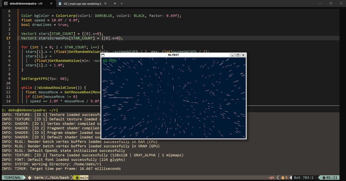 Deboneilbhatt's tweet photo. working on raylib, took me 5+ hours to build it from source code, make/cmake updates and setting up XLaunch for window rendering.

later i'll be working on Reinforcement Learning entities, let's see where it goes from here. https://t.co/cWObzr5Tld