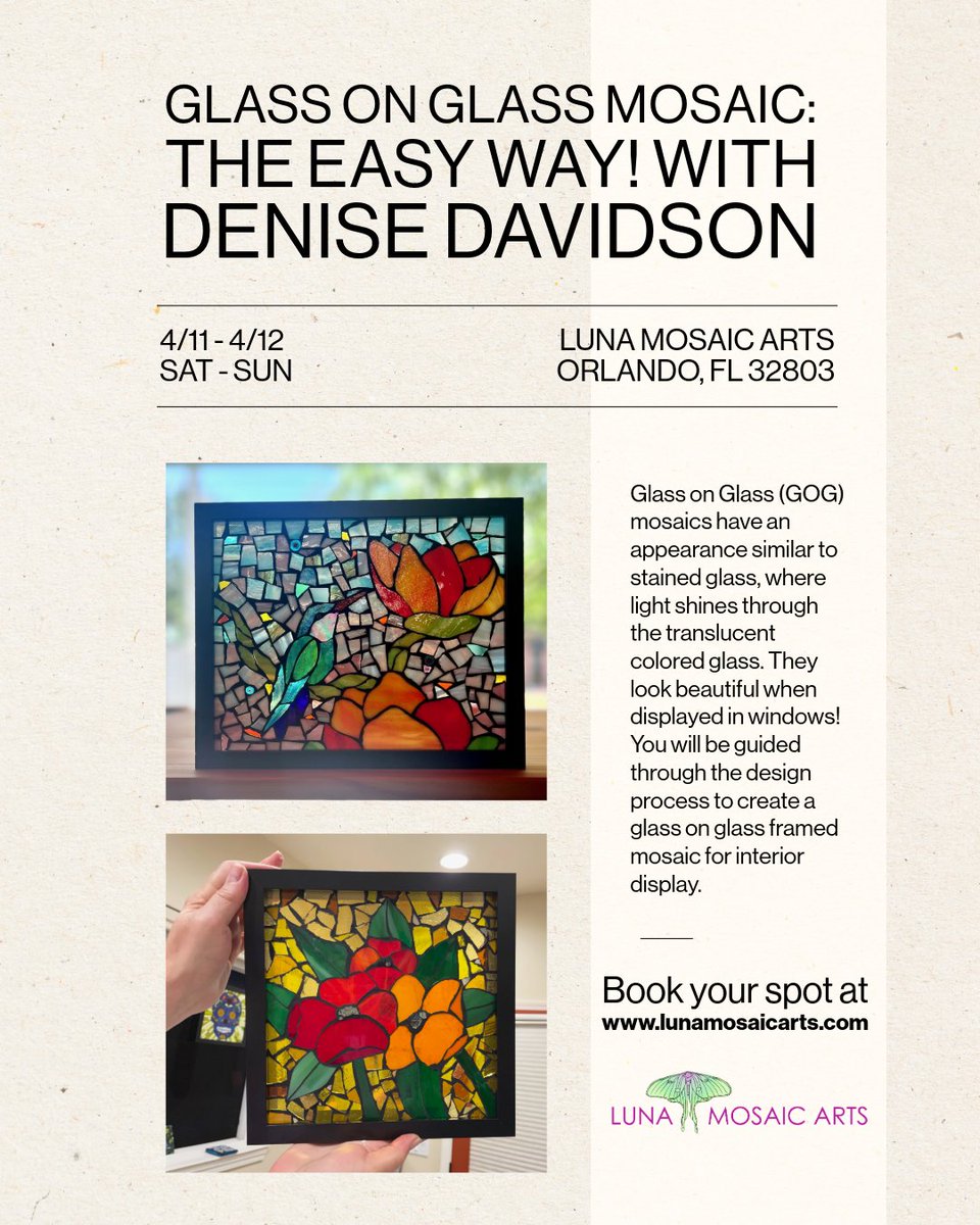 LunaMosaics's tweet photo. Join Denise Davidson’s Glass on Glass Mosaic workshop and craft vibrant, window-worthy art! Reserve your spot now and let your creativity shine.✨ 
https://t.co/4GChcNfxeD https://t.co/QzEVVQztm7