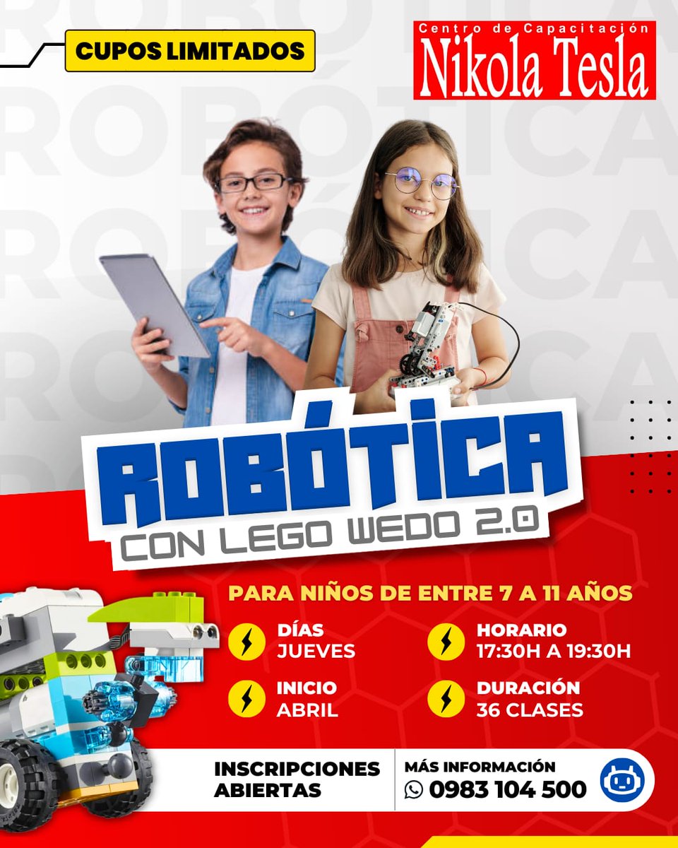 CapiataNoticias's tweet photo. ¡NO TE QUEDES SIN LUGAR!

¿Buscas una actividad que impulse la creatividad y el pensamiento lógico de tu hijo? 

🤖¡La robótica educativa es la mejor herramienta! 

Siguen las inscripciones para el Curso Inicial de Robótica y Programación Educativa con LEGO WeDo 2.0.🧵 https://t.co/qyYQgyEK38