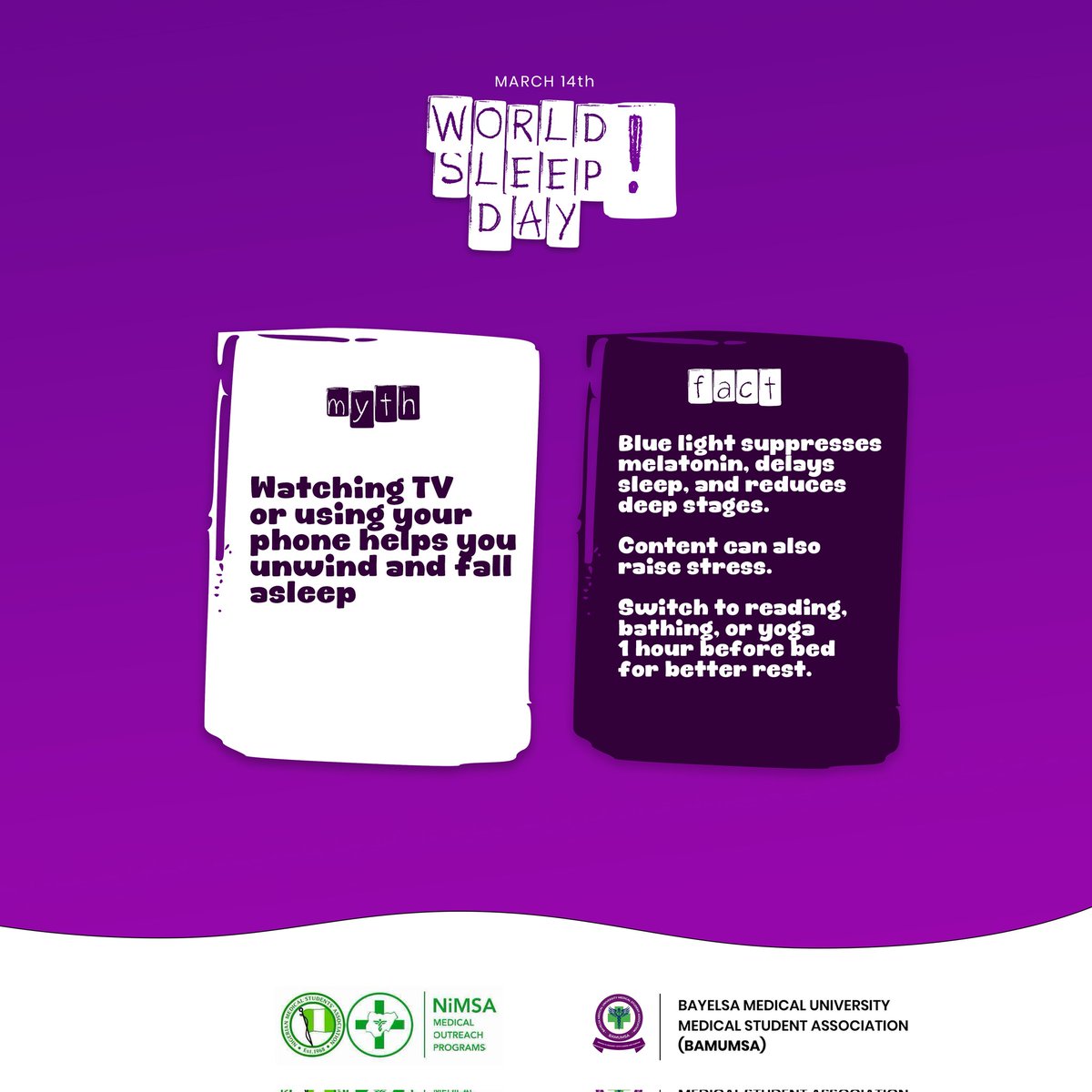 NiMSAMopBamumsa's tweet photo. 🌍World Sleep Day 💤
Sleep myths are everywhere…
from “I can survive on 3 hours of sleep” to “weekend sleep fixes everything.” 😂
Let’s find out what’s Myth and what’s Fact.😌
Your brain will thank you… after a good night’s sleep.🛌
#WORLDSLEEPDAY #NiMSA-MOP #BAMUMSA-MOP https://t.co/iTqDFJcAkl