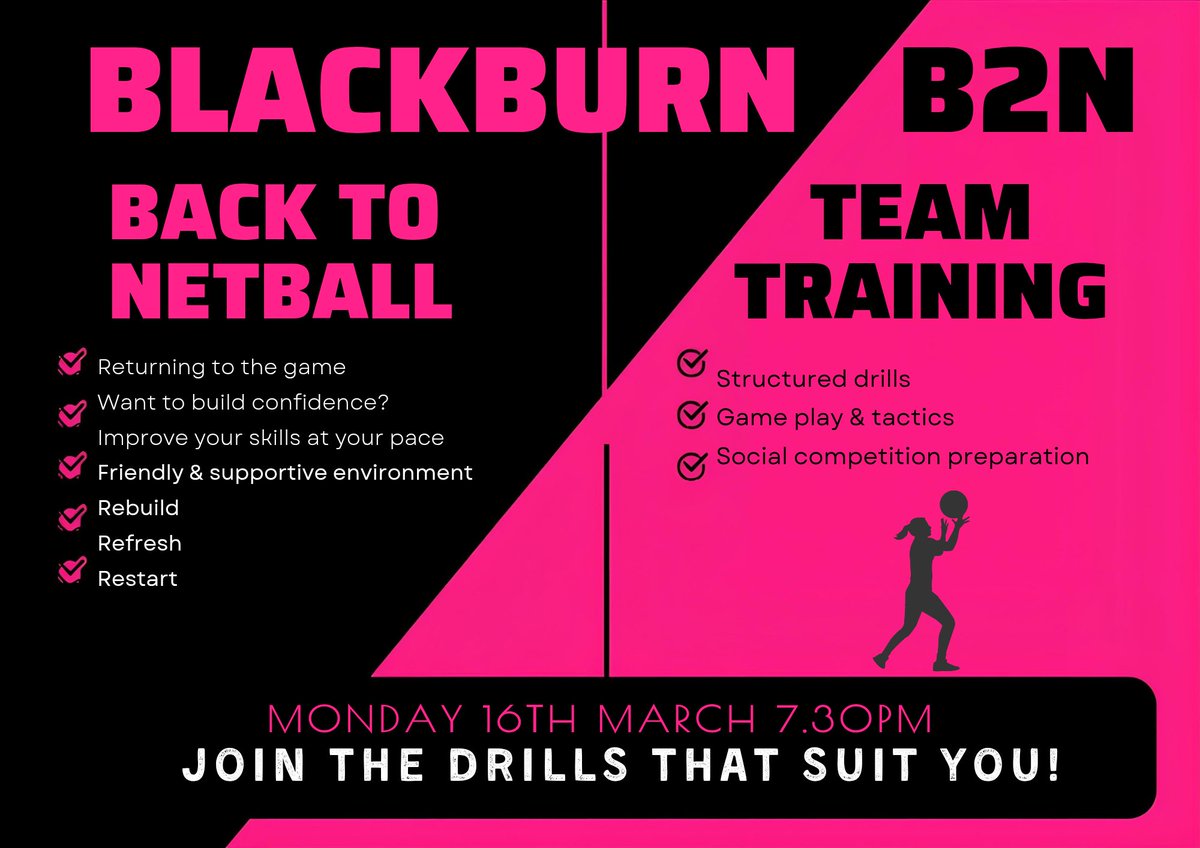 📣 🏃‍♀️👈 Chance for our developing team to start to bond in this split drill session! All welcome as usual 🫶. Joint warm up, split for drills and merge for game time! 🏐 #newteam #b2n #blackburn #netball