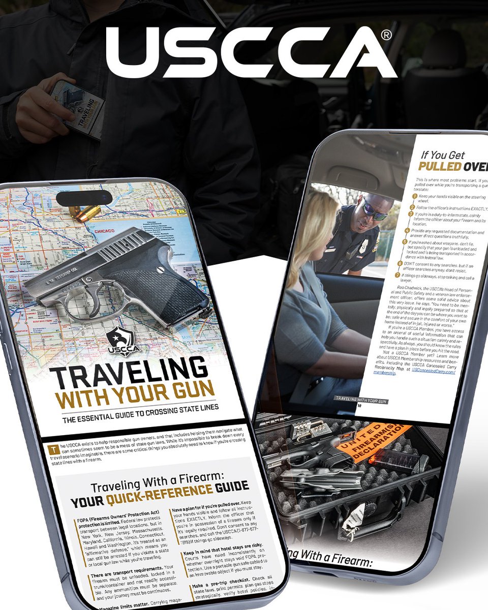 USCCA's tweet photo. Keep a gun in the car? 

Responsible protectors don't take chances ... especially on the road.

The moment you see those flashing lights in the mirror, you'll ask yourself: "Am I legal to carry here?"

👉 Download our FREE Traveling With Your Gun guide now."
