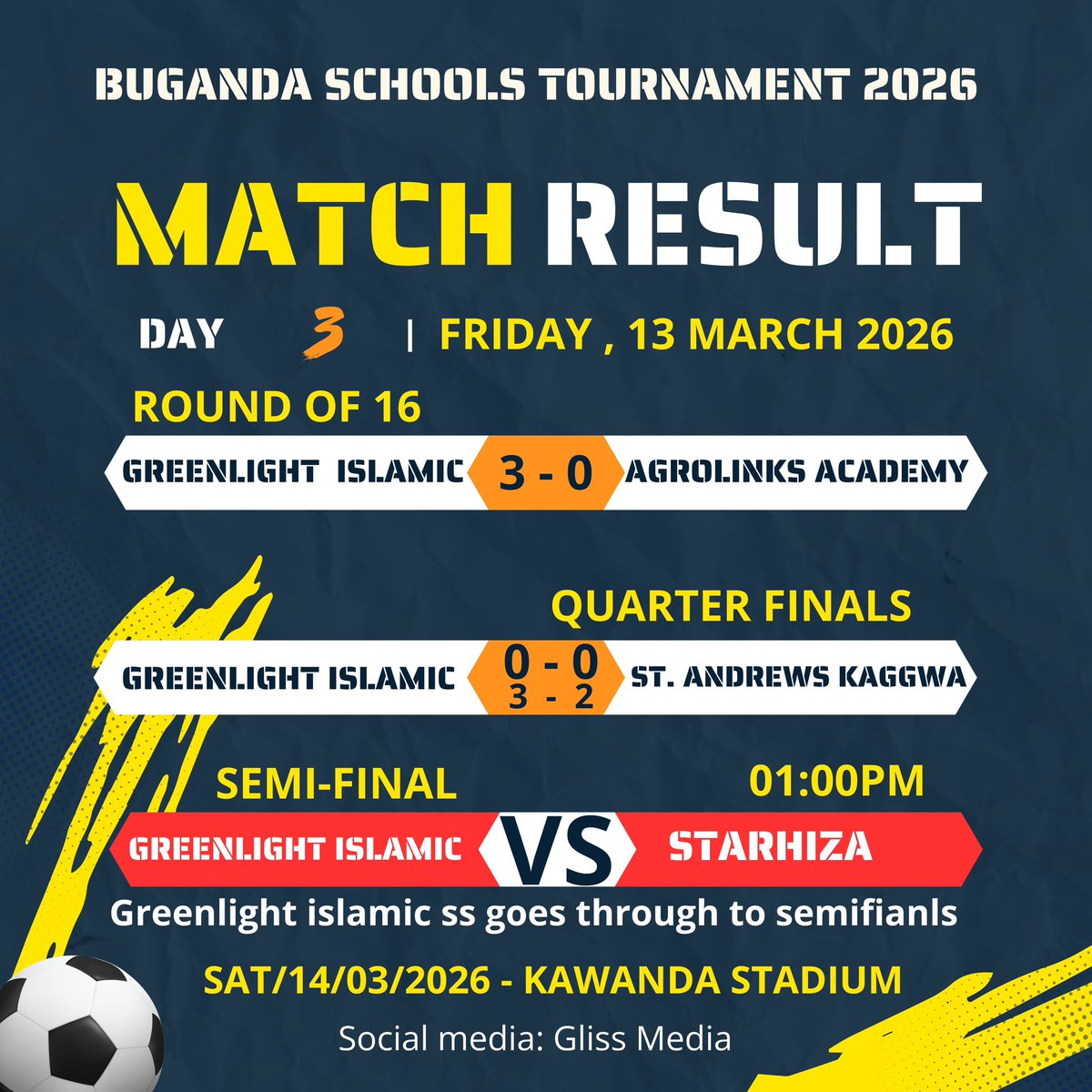 Greenlight Islamic Secondary School marches into the Semi-Finals of the Buganda Schools Football Tournament.

🏆 R16: GLISS 3–0 Agrolinks Academy SS
⚽ QF: GLISS 0–0 St Andrews Kaggwa SS (Won 3–2 on penalties)

⏭️ Semi-final vs STAHIZA SS
📍 Kawanda Stadium
⏰ 1:00 PM Tomorrow