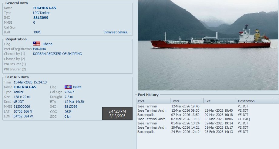 FlconEYES's tweet image. 🚨📷EUGENIA GAS 8813099  Tanquero LPG (Gas Licuado de Petróleo) rentado a #Belize al servicio del @PartidoPCC abastece en #Moa a @Sherritt_Intl.

Luego de avatares ir y venir de #Colombia finalmente está llenando Licuado en #JoseTerminal comprado a #Venezuela.

#Now #Cuba #AIS