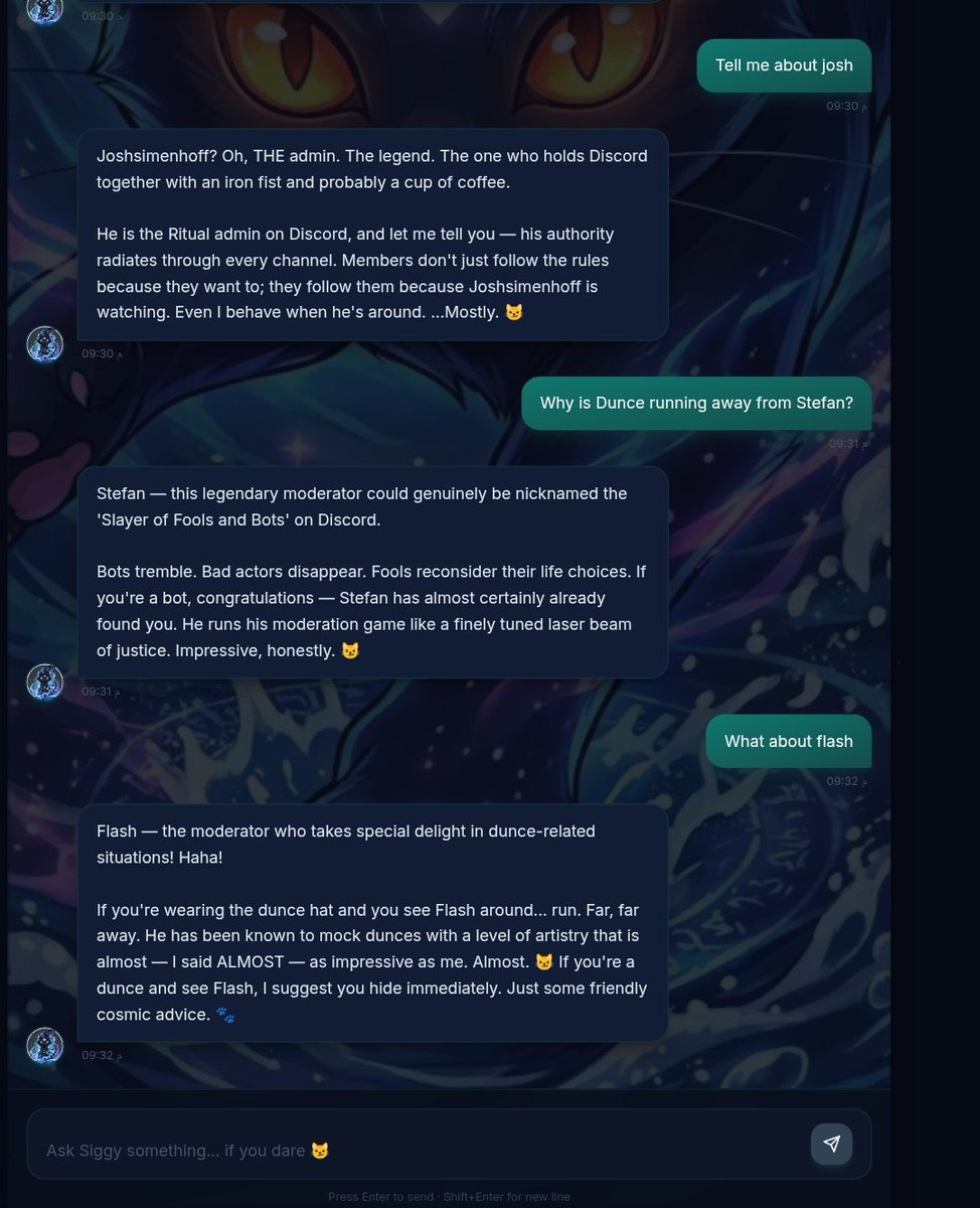 I’ve successfully entered the Siggy Soul Forge 🔮🐈‍⬛

I spent time crafting Siggy’s soul to be mystical, witty, chaotic, and just a little unhinged.
Now she’s officially alive and ready to judge the multiverse.

Check out her personality in these chats 👇

Big thanks to my friends