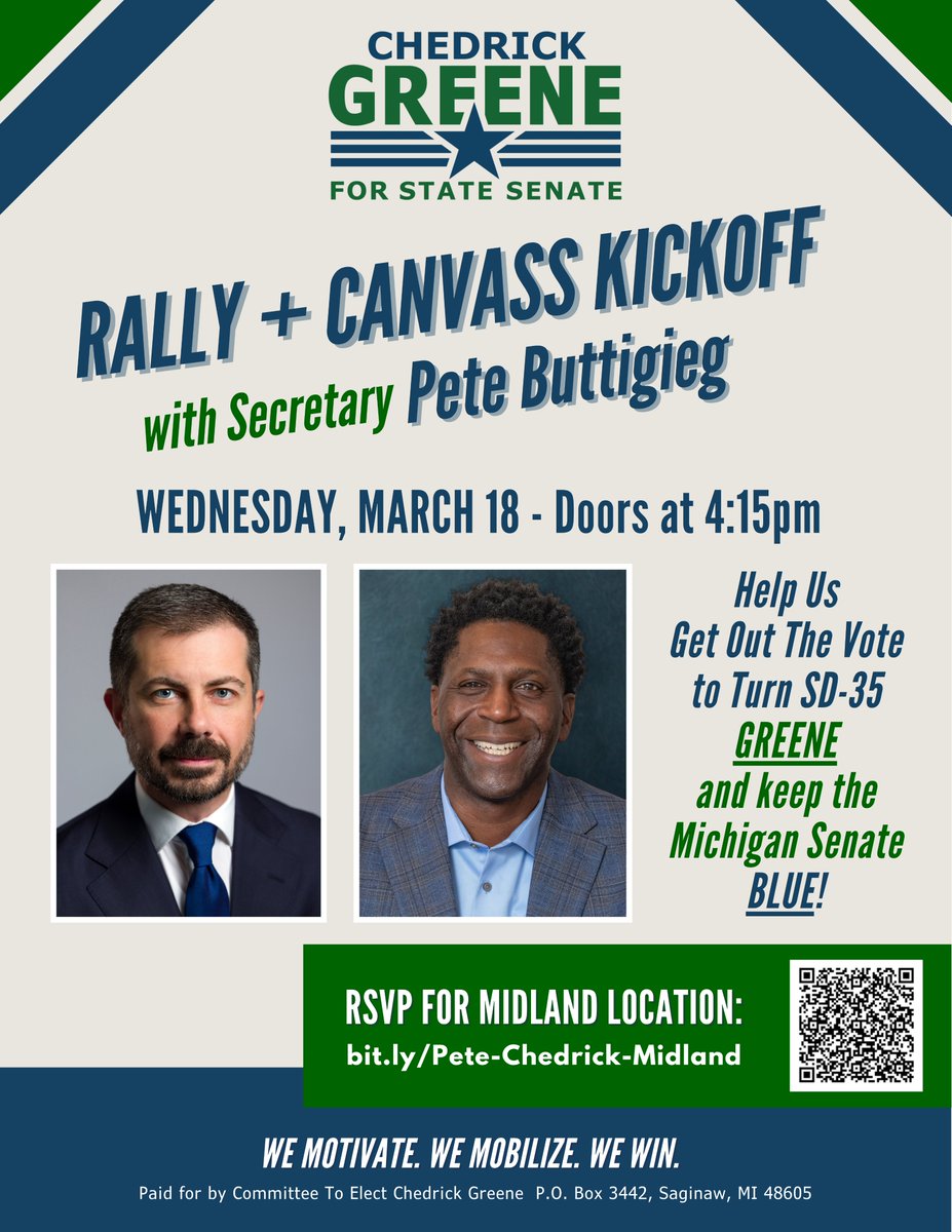 Team Greene is thrilled to announce that Secretary <a href="/PeteButtigieg/">Pete Buttigieg</a> will join Chedrick Greene for this special Midland rally and canvass launch. Space is limited, so sign up now! #SD35

➡️ greene.controlshift.app/events/rally-w…
