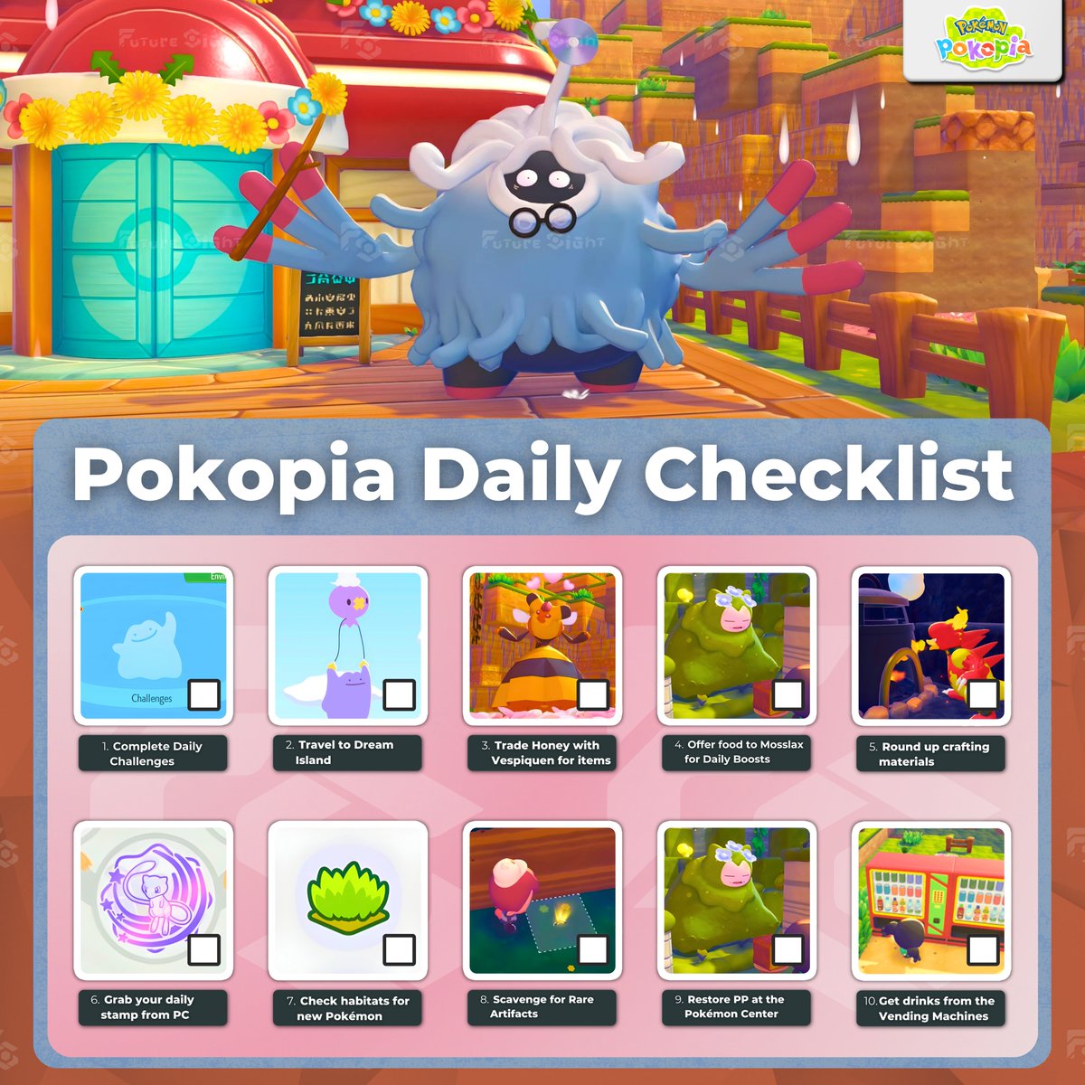 FutureSightHQ_'s tweet photo. Some players may feel like this makes #Pokopia more of a chore than cozy gaming, but for those of you who enjoy having a routine, here are some daily activity ideas to keep in mind! ✨

Drop any other ideas down below ⬇️ https://t.co/EXWCaeTGcD