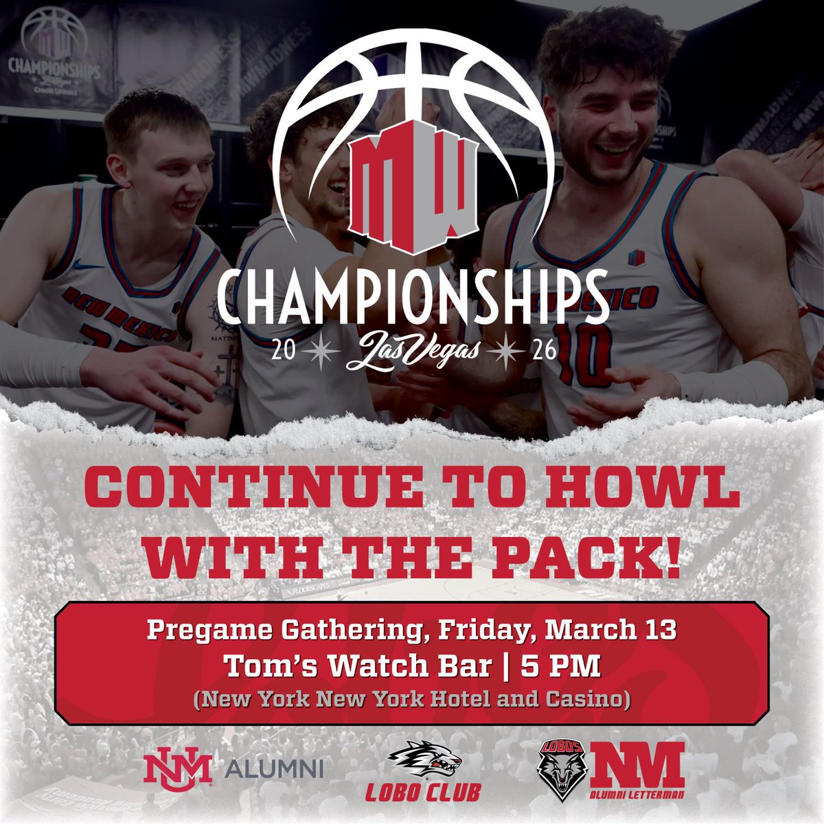 UNMAlumni's tweet photo. Lobos in Las Vegas, we're back at Tom's Watch Bar as the chase continues for the Mountain West Championship. Join fellow fans tonight at 5 p.m. for a pregame gathering and rally for another victory! #UNM #UNMAlumni #GoLobos https://t.co/opowiXmOIV