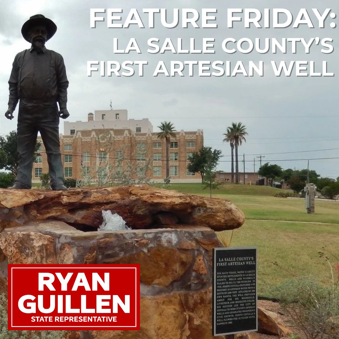 RyanGuillen's tweet image. This #FeatureFriday, we're highlighting La Salle County's First Artesian Well, located in Cotulla City Park. At the start of the 20th century, water scarcity remained a challenge for La Salle County residents. In 1910, Joseph Cotulla bored a well to a depth of 2,200 feet,