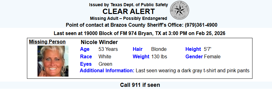 TX_Alerts's tweet photo. MISSING ADULT ALERT CONTINUES: initially issued 02/26/2026 for Nicole Winder from Bryan, TX. https://t.co/5Nw8R4MD4F
