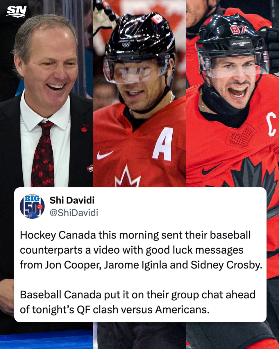 Sportsnet's tweet photo. Jon Cooper, Jarome Iginla and Sidney Crosby sent good luck messages to Canada's WBC team ahead of their quarterfinal clash with the USA 🇨🇦🤝 https://t.co/hYm5fx7Fmd