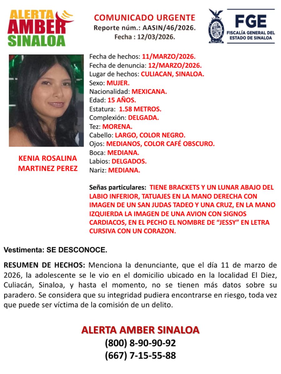 SE SOLICITA LA COLABORACIÓN DE LA SOCIEDAD PARA LOCALIZAR A LA ADOLESCENTE. #AlertaAmberSinaloa #FiscaliaSinaloa