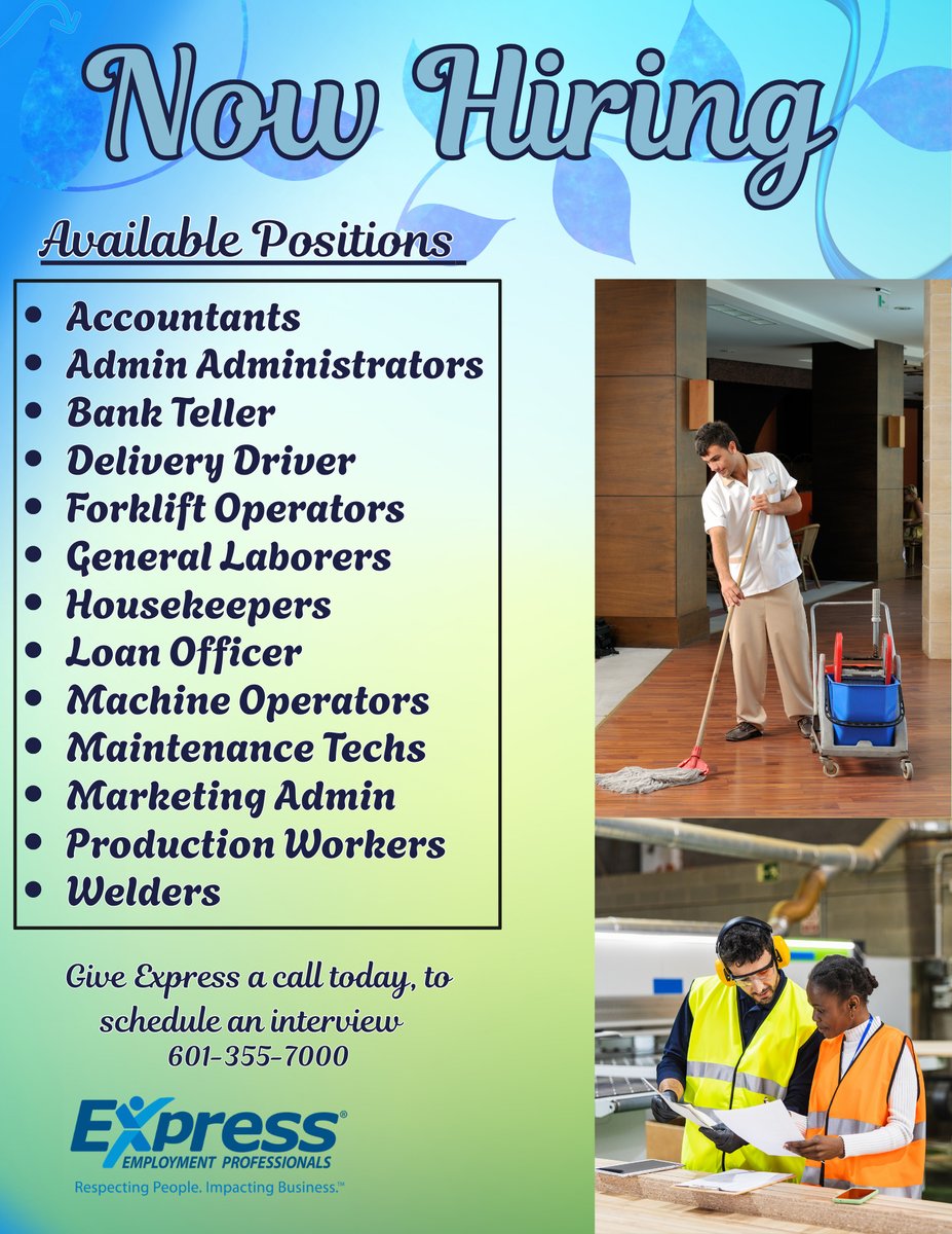 Looking for work? Express Employment has just what you need.

We have several positions available and interviews are being scheduled for next week. Don’t wait — call today to get started!

📞 601-355-7000
📍 4220 Lakeland Dr Suite D, Flowood, MS... expresspros.com