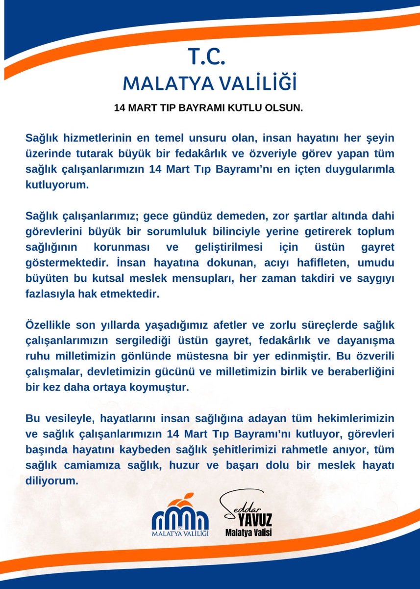 SeddarYavuz's tweet photo. İnsan sağlığını korumak ve tedavi etmek için fedakarca çalışan başta hekimlerimiz olmak üzere tüm sağlık çalışanlarımızın 14 Mart Tıp Bayramını kutluyorum .
#TıpBayramı https://t.co/Fz5POkl875